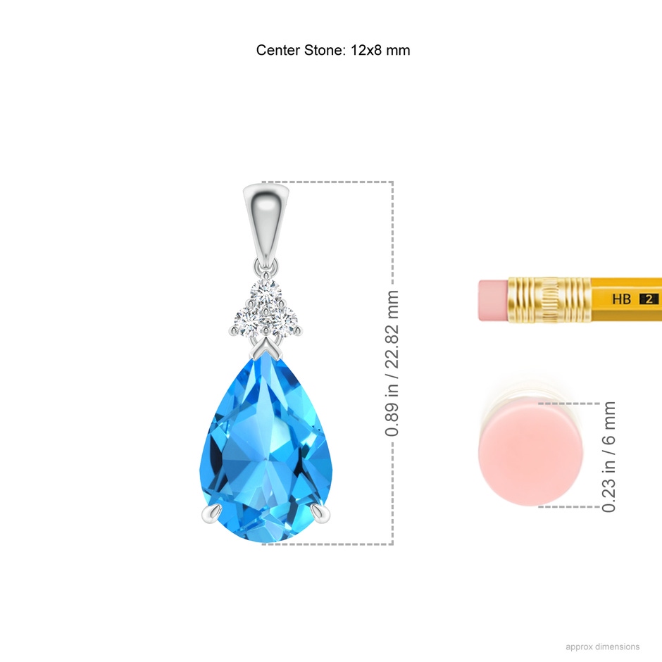 12x8mm AAAA Claw-Set Swiss Blue Topaz Drop Pendant with Trio Diamonds in P950 Platinum ruler