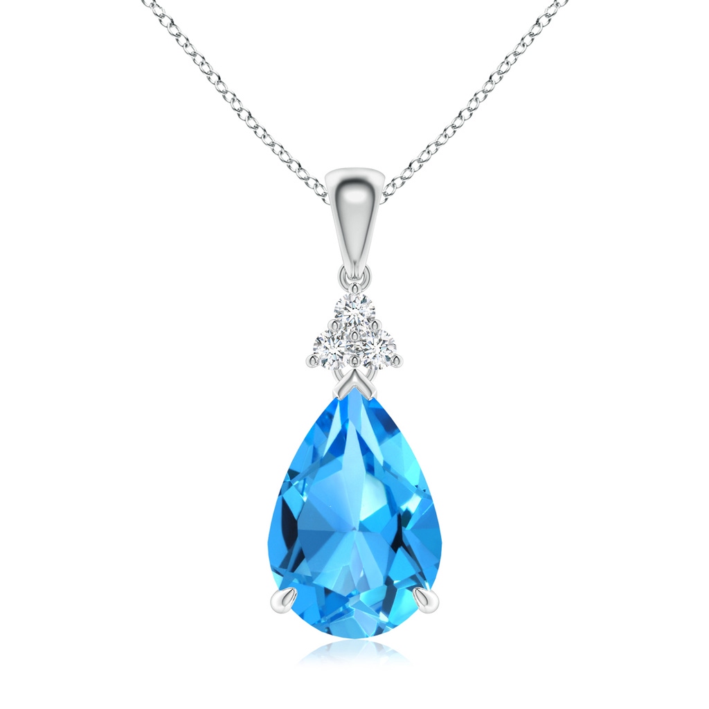 12x8mm AAAA Claw-Set Swiss Blue Topaz Drop Pendant with Trio Diamonds in White Gold