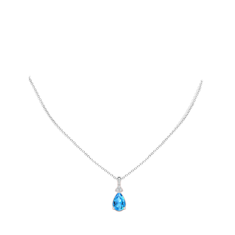 12x8mm AAAA Claw-Set Swiss Blue Topaz Drop Pendant with Trio Diamonds in White Gold body-neck