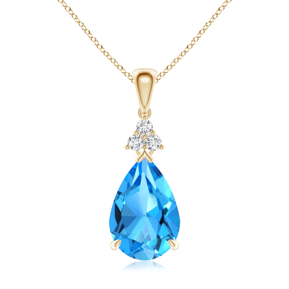 12x8mm AAAA Claw-Set Swiss Blue Topaz Drop Pendant with Trio Diamonds in Yellow Gold 