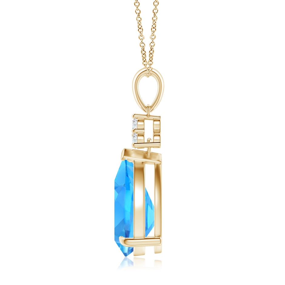 12x8mm AAAA Claw-Set Swiss Blue Topaz Drop Pendant with Trio Diamonds in Yellow Gold side-1