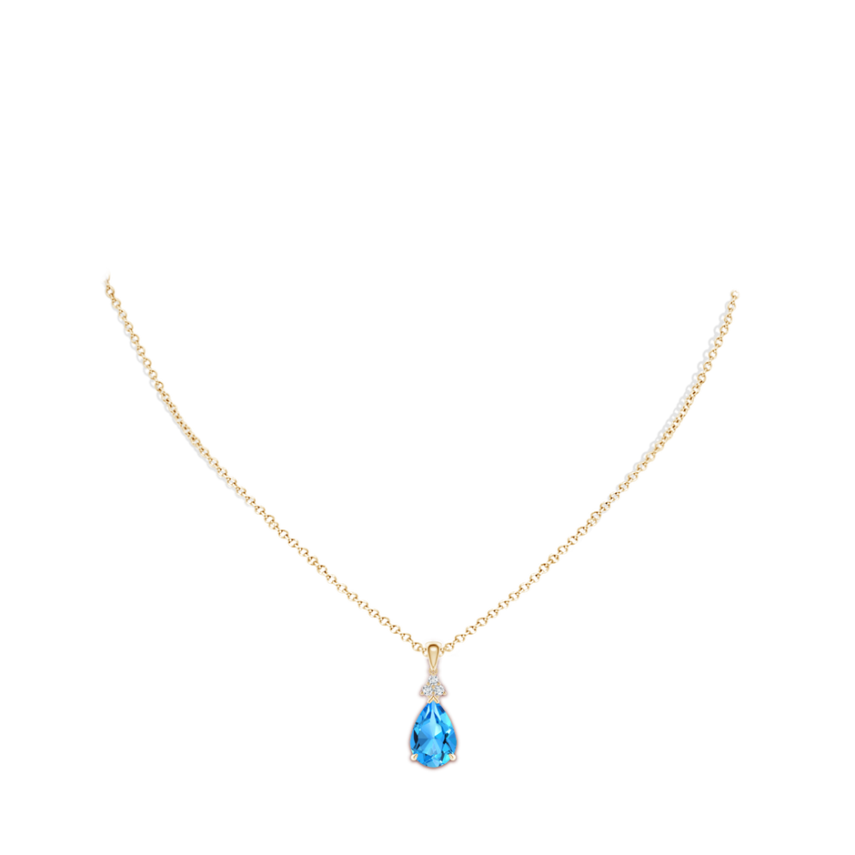 12x8mm AAAA Claw-Set Swiss Blue Topaz Drop Pendant with Trio Diamonds in Yellow Gold body-neck