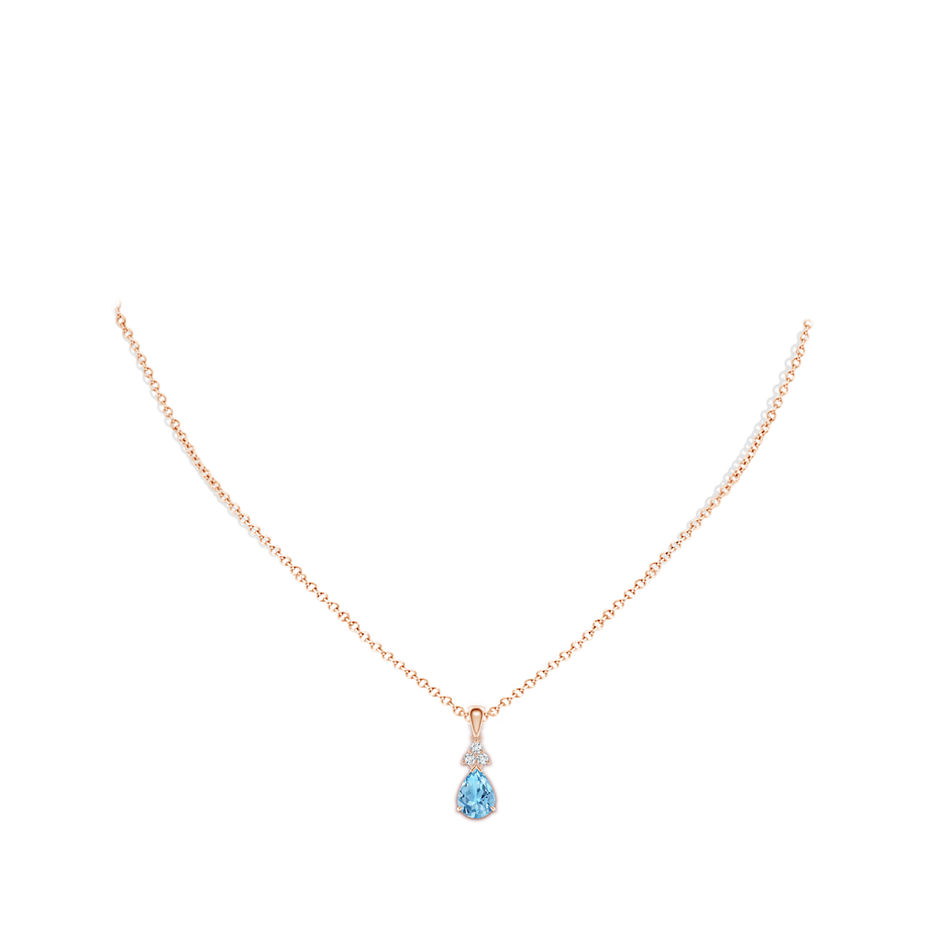 8x6mm A Claw-Set Swiss Blue Topaz Drop Pendant with Trio Diamonds in Rose Gold body-neck