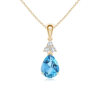 8x6mm AA Claw-Set Swiss Blue Topaz Drop Pendant with Trio Diamonds in Yellow Gold