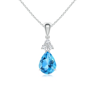8x6mm AAA Claw-Set Swiss Blue Topaz Drop Pendant with Trio Diamonds in P950 Platinum