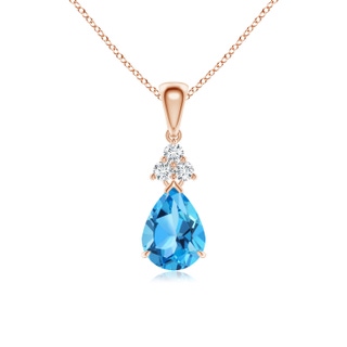 8x6mm AAA Claw-Set Swiss Blue Topaz Drop Pendant with Trio Diamonds in Rose Gold