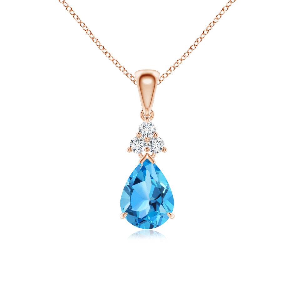 8x6mm AAA Claw-Set Swiss Blue Topaz Drop Pendant with Trio Diamonds in Rose Gold 