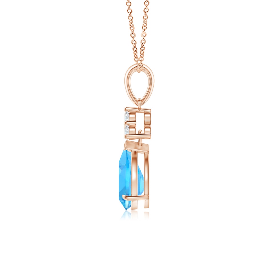 8x6mm AAA Claw-Set Swiss Blue Topaz Drop Pendant with Trio Diamonds in Rose Gold side-1