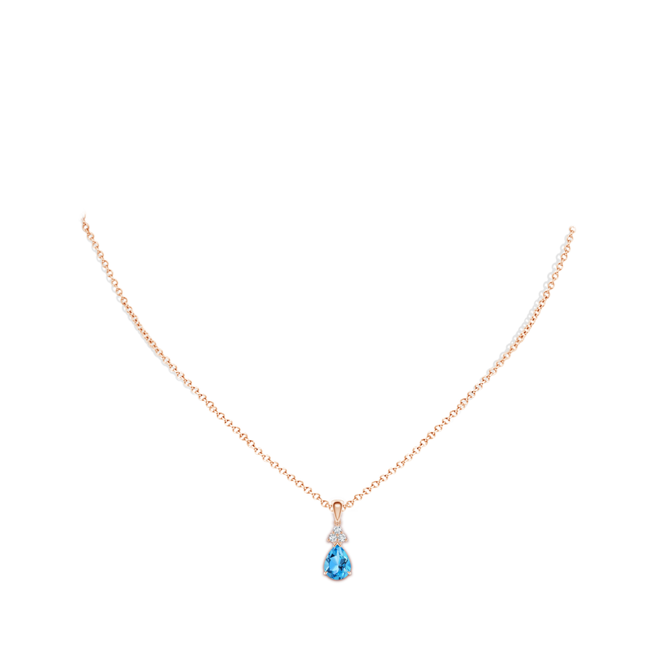 8x6mm AAA Claw-Set Swiss Blue Topaz Drop Pendant with Trio Diamonds in Rose Gold body-neck