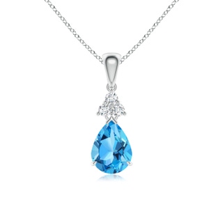 8x6mm AAA Claw-Set Swiss Blue Topaz Drop Pendant with Trio Diamonds in White Gold