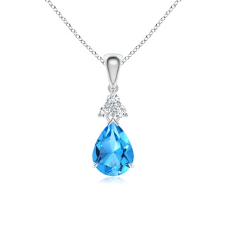 8x6mm AAAA Claw-Set Swiss Blue Topaz Drop Pendant with Trio Diamonds in P950 Platinum