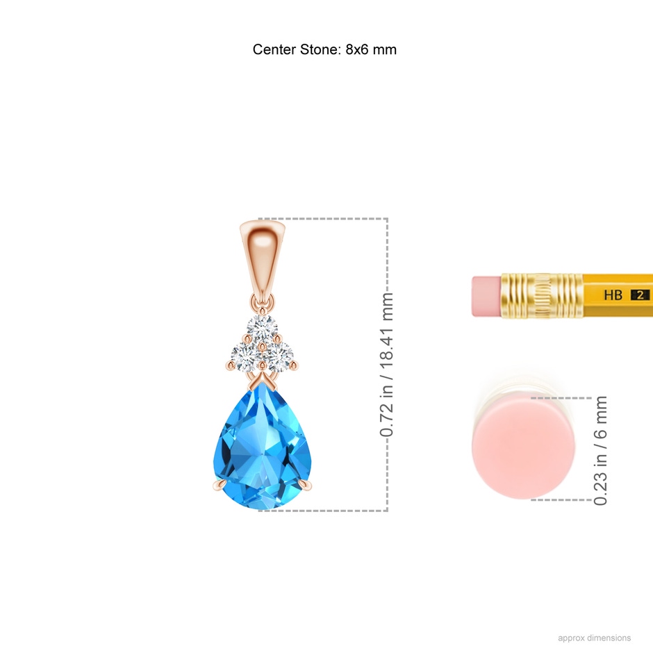 8x6mm AAAA Claw-Set Swiss Blue Topaz Drop Pendant with Trio Diamonds in Rose Gold ruler