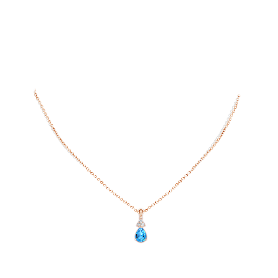 8x6mm AAAA Claw-Set Swiss Blue Topaz Drop Pendant with Trio Diamonds in Rose Gold body-neck