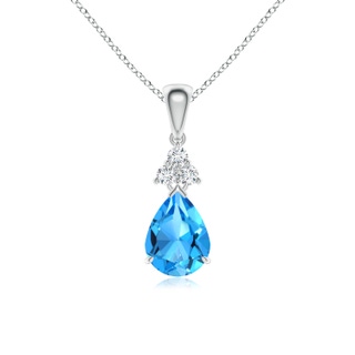 8x6mm AAAA Claw-Set Swiss Blue Topaz Drop Pendant with Trio Diamonds in White Gold