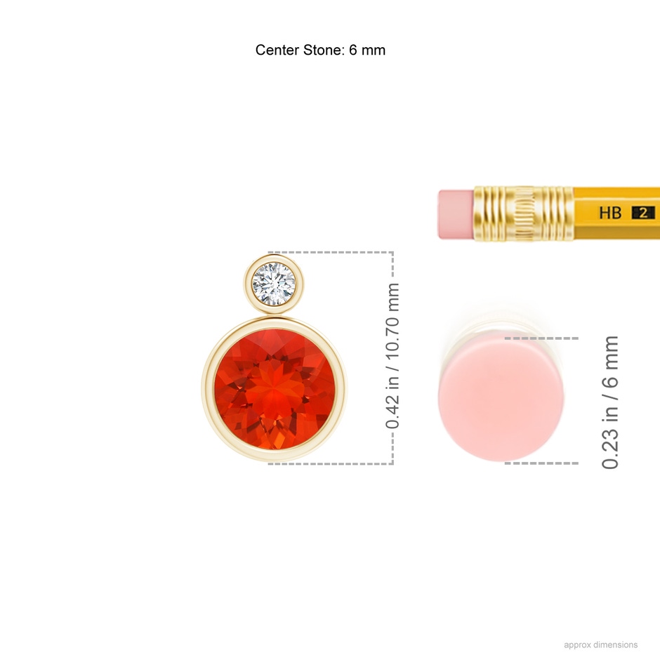 6mm AAAA Bezel-Set Fire Opal Solitaire Pendant with Diamond in Yellow Gold ruler