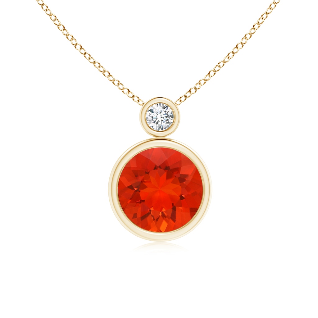 8mm AAAA Bezel-Set Fire Opal Solitaire Pendant with Diamond in Yellow Gold