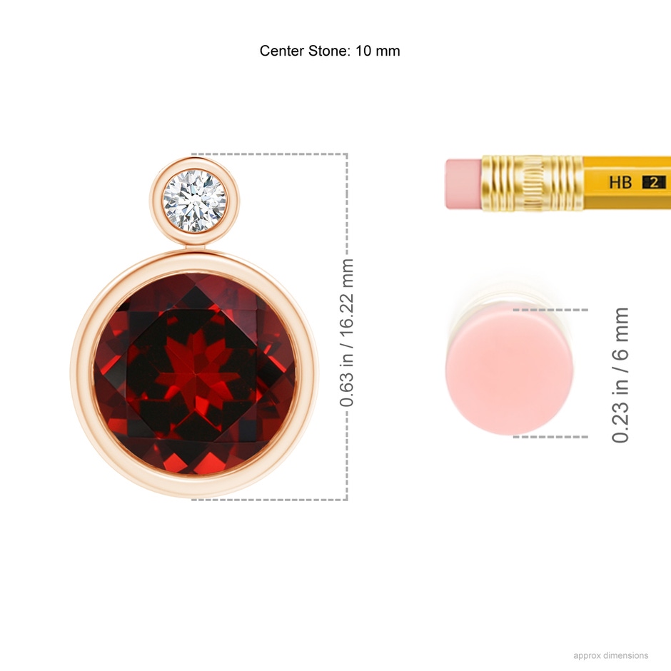 10mm AAAA Bezel-Set Garnet Solitaire Pendant with Diamond in Rose Gold ruler