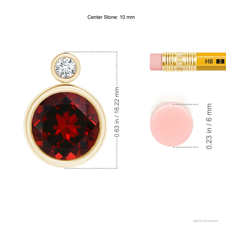 10mm AAAA Bezel-Set Garnet Solitaire Pendant with Diamond in Yellow Gold ruler