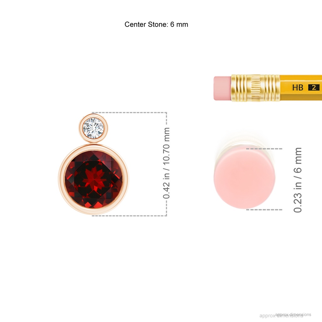 6mm AAAA Bezel-Set Garnet Solitaire Pendant with Diamond in Rose Gold Ruler