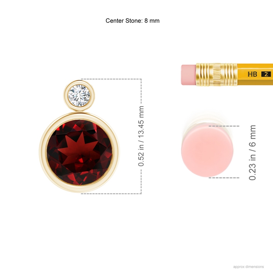 8mm AAA Bezel-Set Garnet Solitaire Pendant with Diamond in Yellow Gold ruler