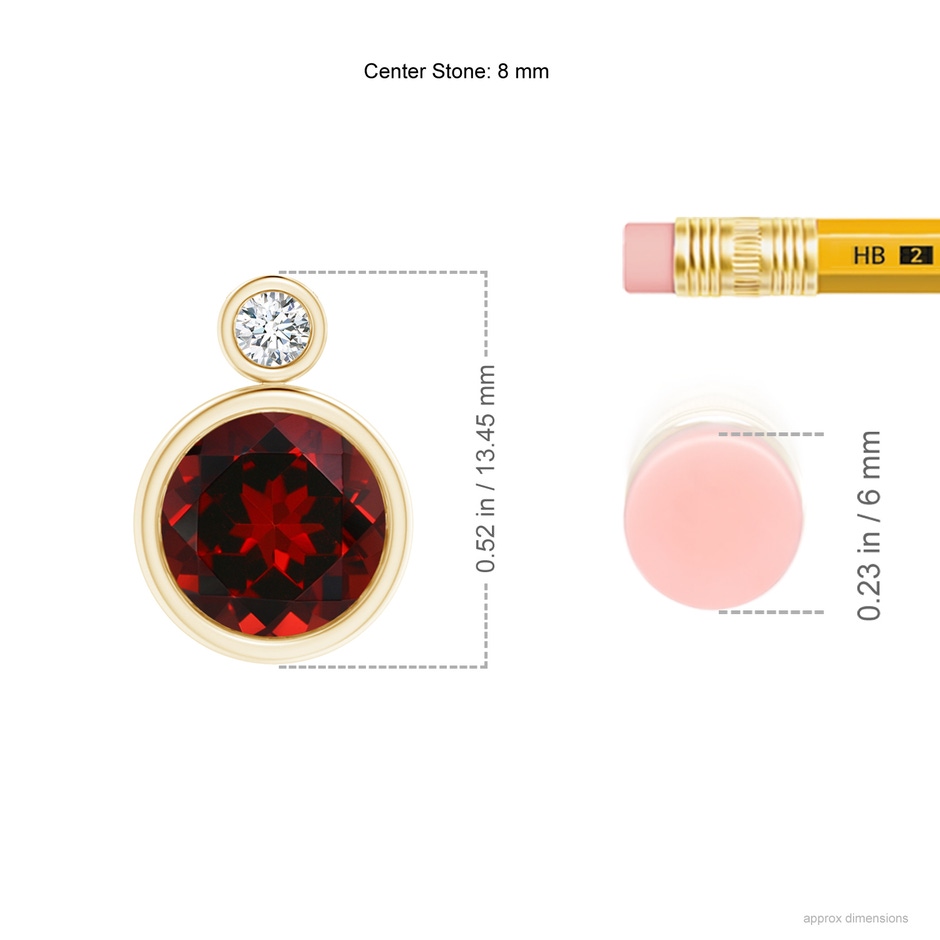 8mm AAAA Bezel-Set Garnet Solitaire Pendant with Diamond in Yellow Gold ruler