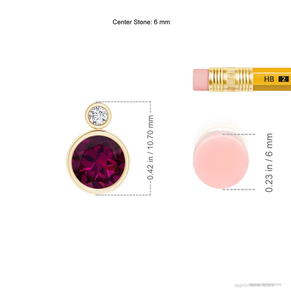 6mm AAAA Bezel-Set Rhodolite Solitaire Pendant with Diamond in Yellow Gold ruler