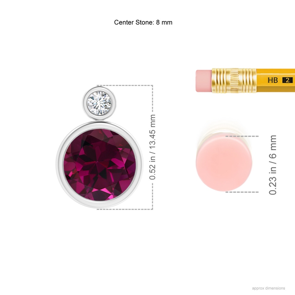 8mm AAA Bezel-Set Rhodolite Solitaire Pendant with Diamond in White Gold ruler