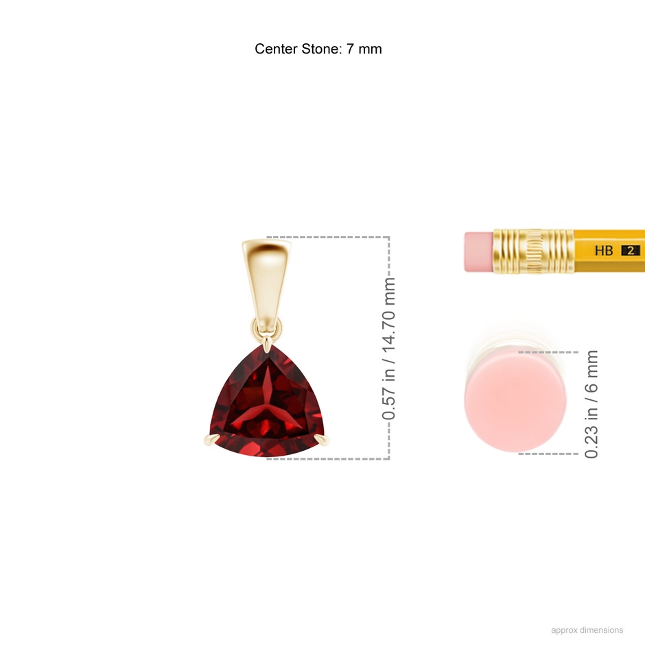 7mm AAAA Claw-Set Trillion Garnet Solitaire Pendant in Yellow Gold ruler