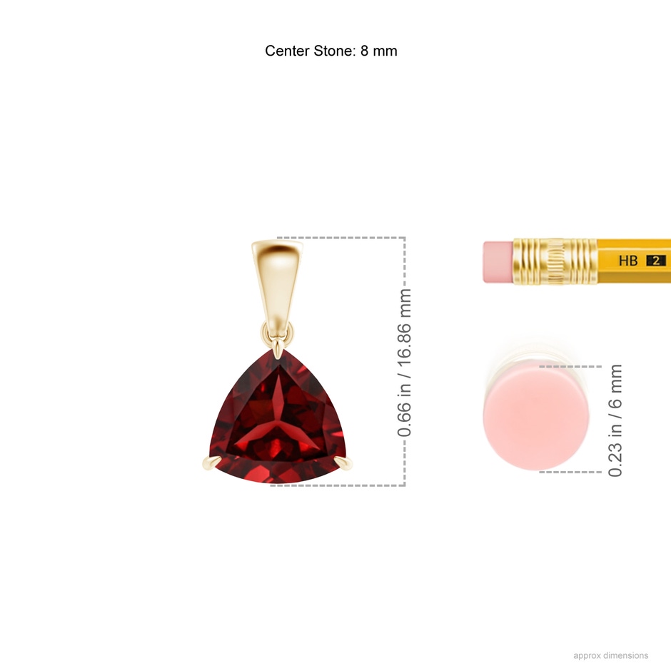 8mm AAAA Claw-Set Trillion Garnet Solitaire Pendant in Yellow Gold ruler