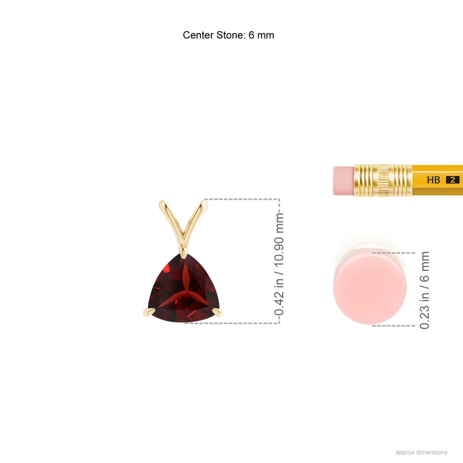 6mm AAA Claw-Set Trillion Garnet V-Bale Pendant in 18K Yellow Gold ruler