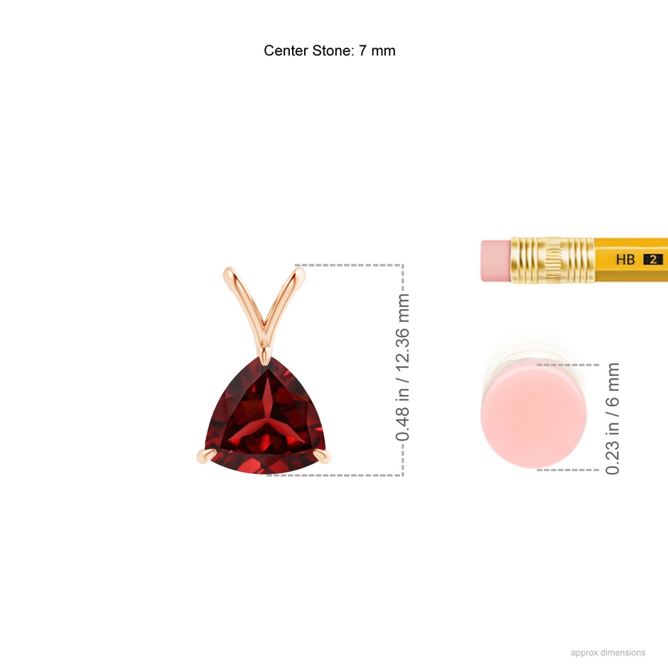 7mm AAAA Claw-Set Trillion Garnet V-Bale Pendant in 18K Rose Gold ruler