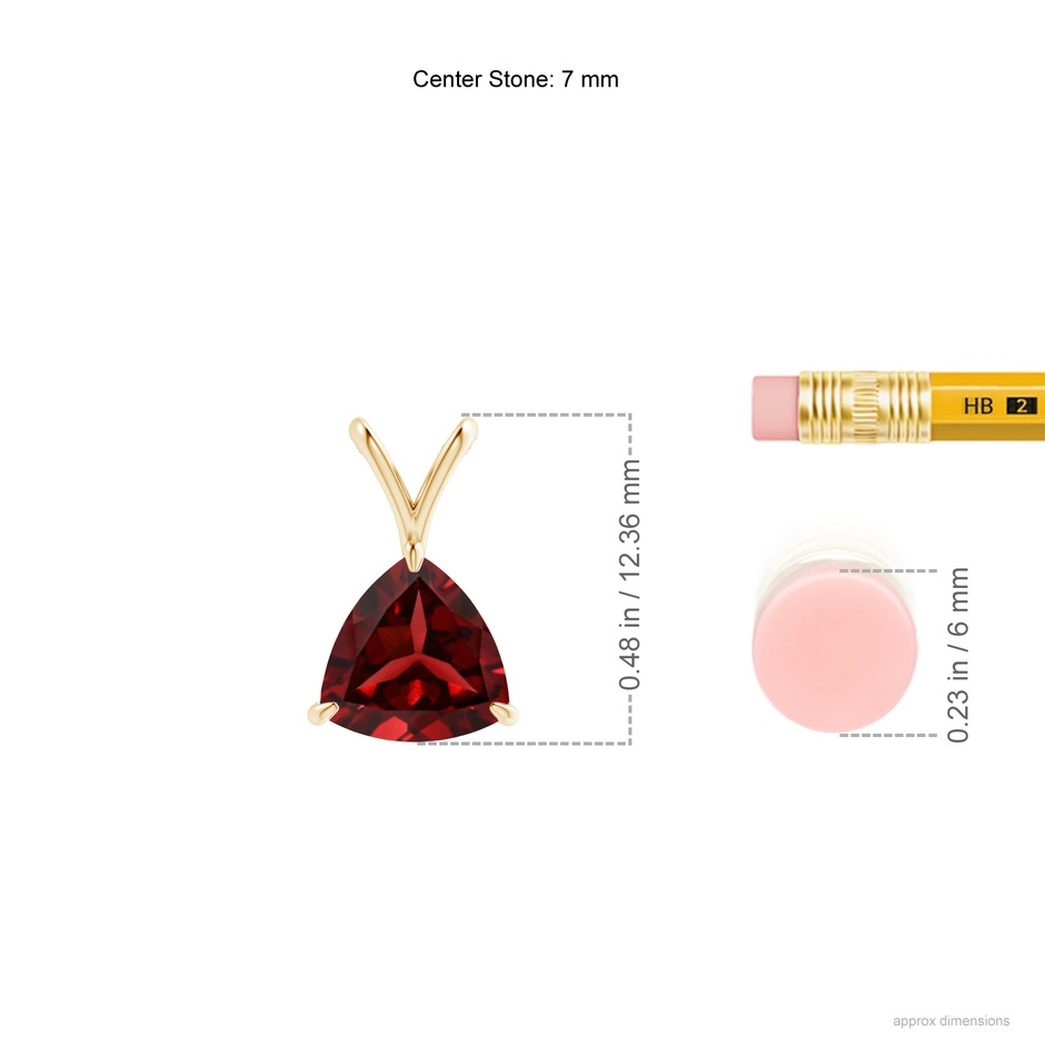 7mm AAAA Claw-Set Trillion Garnet V-Bale Pendant in 18K Yellow Gold ruler