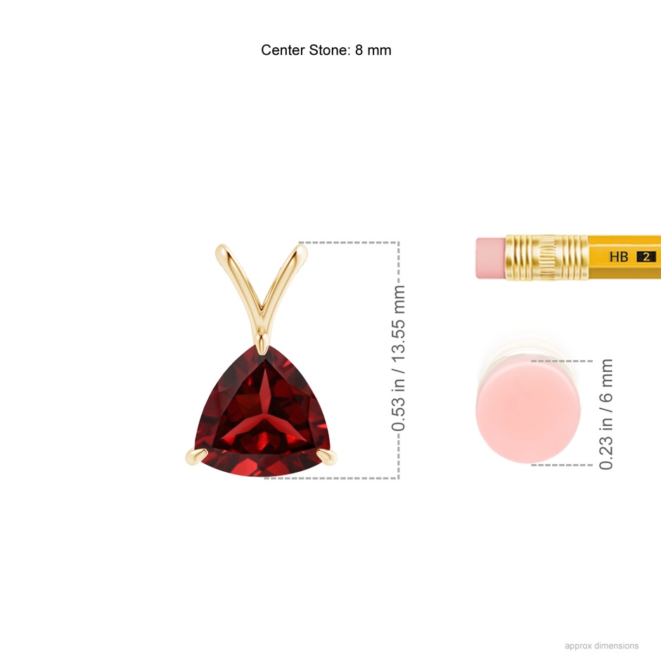 8mm AAAA Claw-Set Trillion Garnet V-Bale Pendant in 18K Yellow Gold ruler
