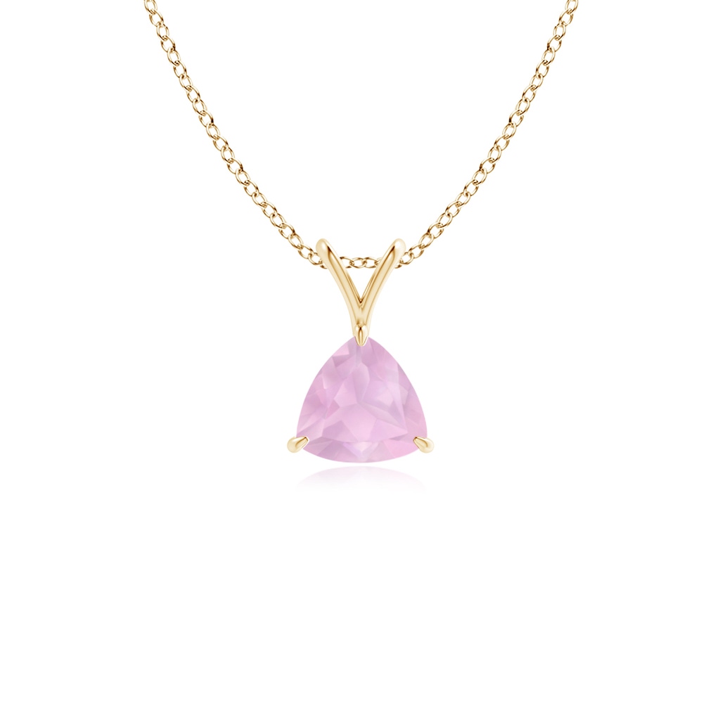 5mm AAAA Claw-Set Trillion Rose Quartz V-Bale Pendant in Yellow Gold