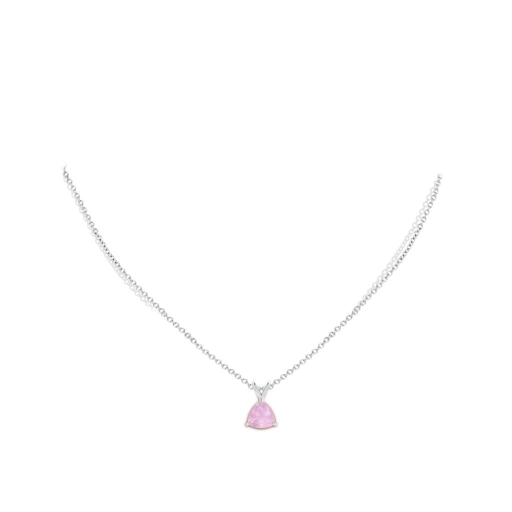 8mm AAAA Claw-Set Trillion Rose Quartz V-Bale Pendant in White Gold Body-Neck