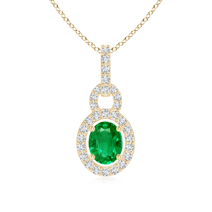 5x4mm AAA Floating Oval Emerald Pendant with Diamond Halo in Yellow Gold