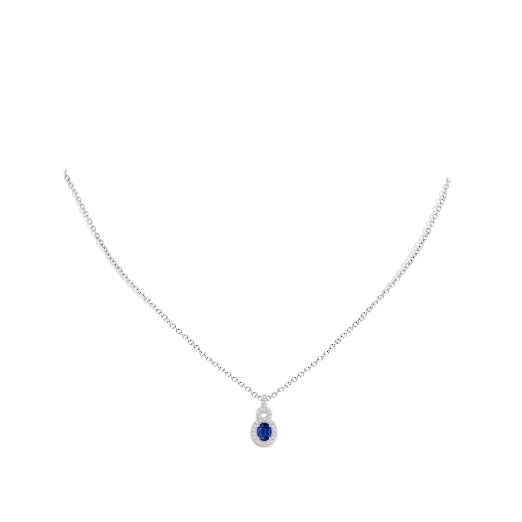 5x4mm AAA Floating Oval Blue Sapphire Pendant with Diamond Halo in White Gold Body-Neck