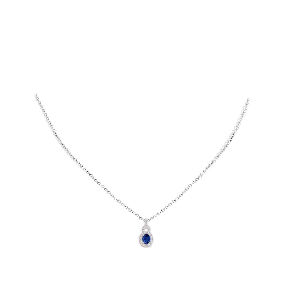 5x4mm AAA Floating Oval Blue Sapphire Pendant with Diamond Halo in White Gold Body-Neck