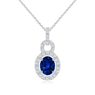 5x4mm AAAA Floating Oval Blue Sapphire Pendant with Diamond Halo in White Gold
