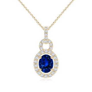 5x4mm AAAA Floating Oval Blue Sapphire Pendant with Diamond Halo in Yellow Gold