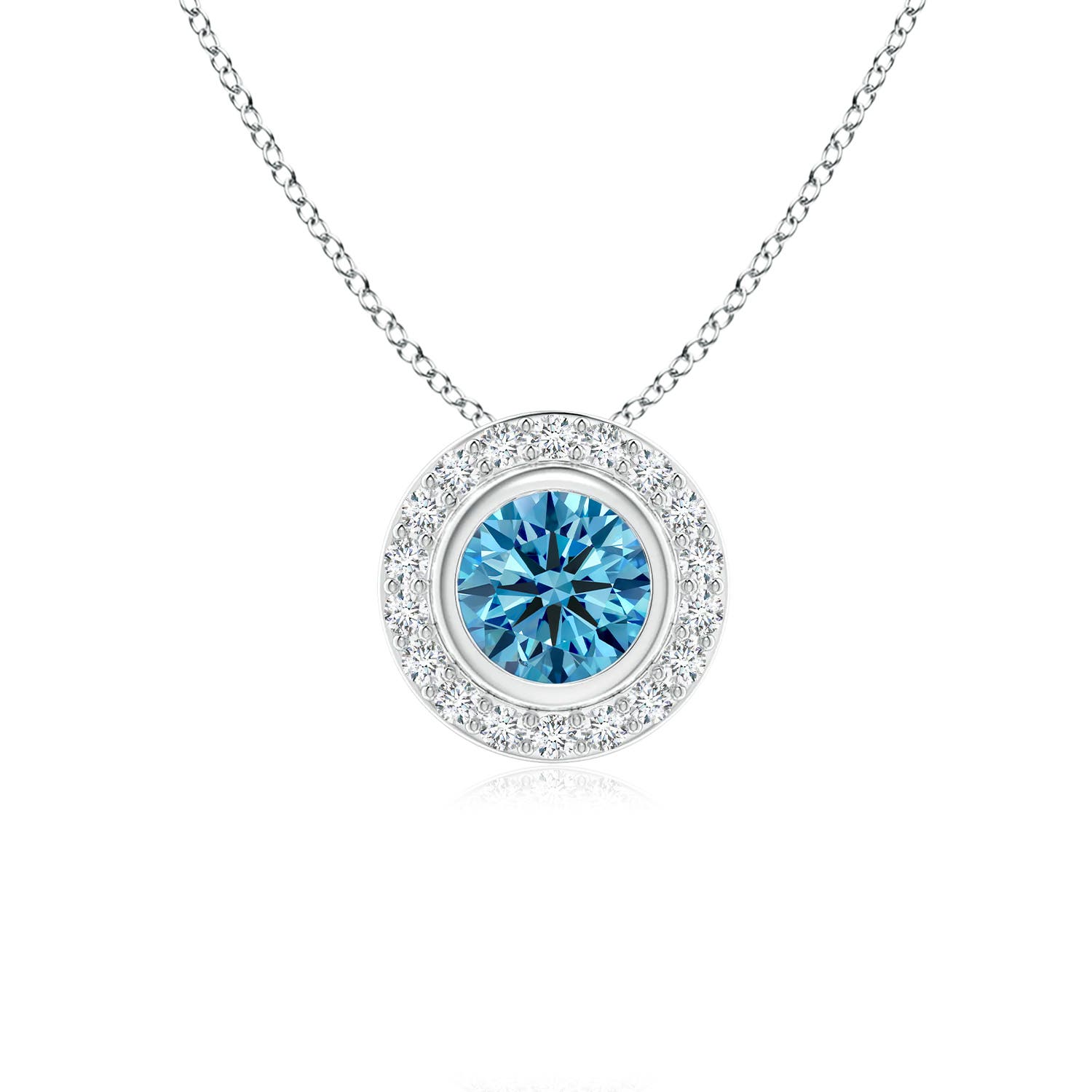 5mm AAAA Round Bezel-Set Fancy Intense Blue Diamond Pendant with Halo in 18K White Gold