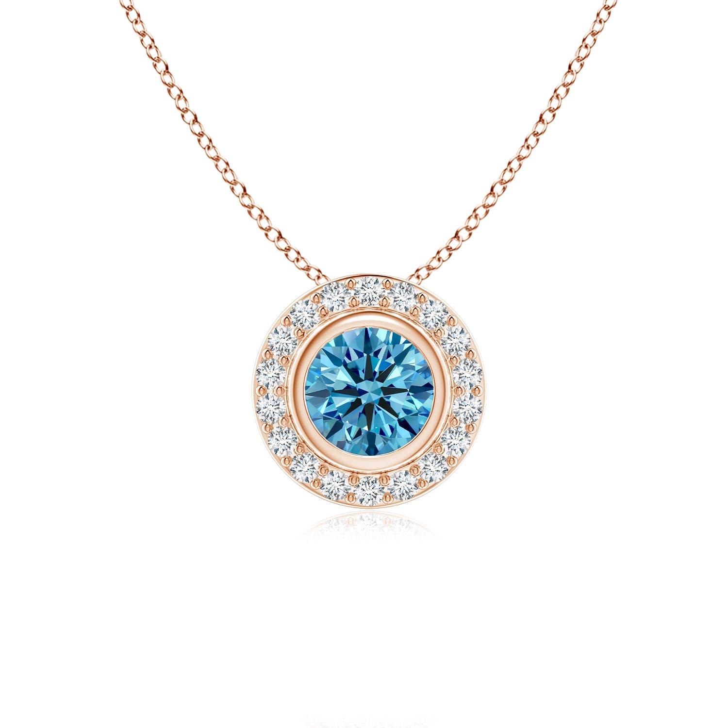 Angara 0.61 CTW Round Bezel-Set Fancy Intense Blue Diamond Pendant with Halo in 14K Rose Gold