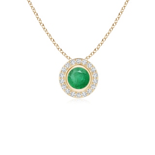 4mm A Round Bezel-Set Emerald Pendant with Diamond Halo in 9K Yellow Gold