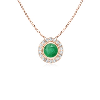 4mm A Round Bezel-Set Emerald Pendant with Diamond Halo in Rose Gold
