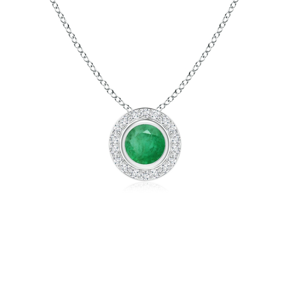 4mm A Round Bezel-Set Emerald Pendant with Diamond Halo in White Gold 