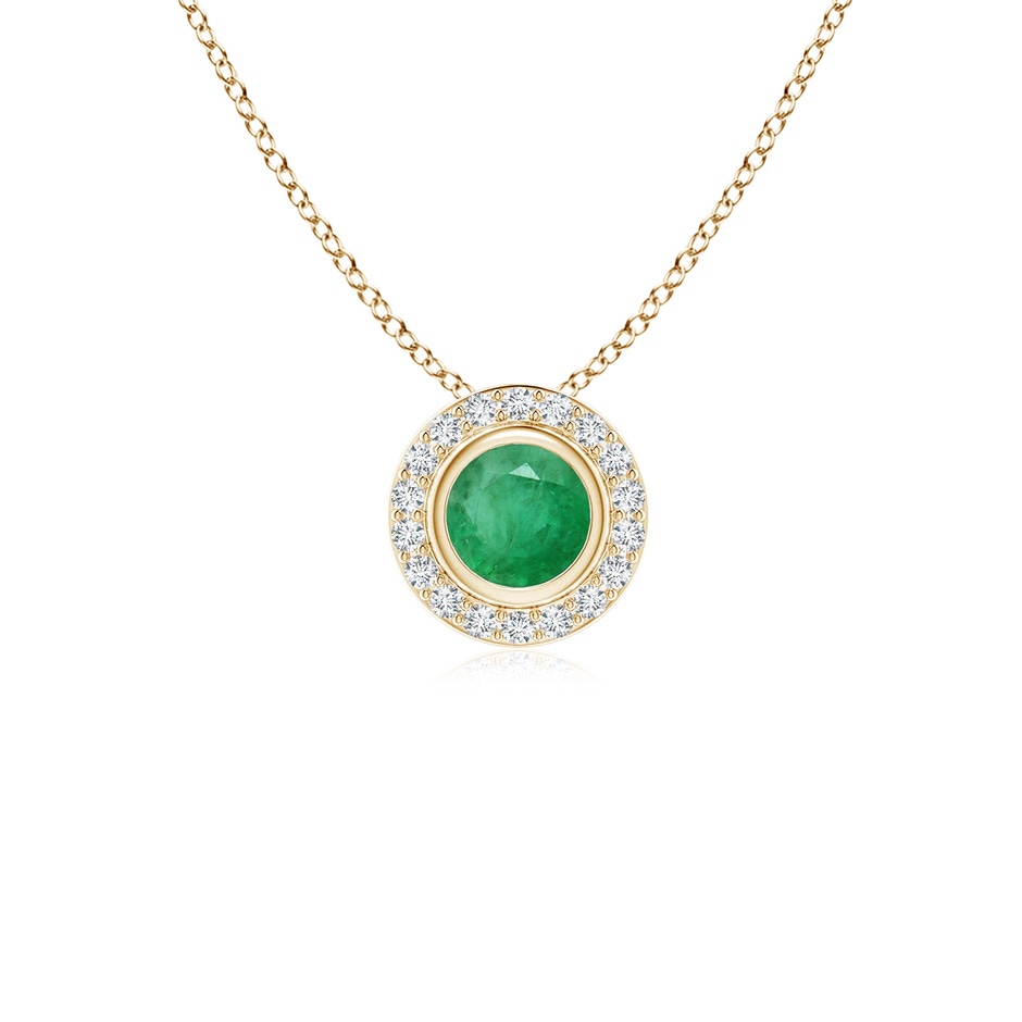 4mm A Round Bezel-Set Emerald Pendant with Diamond Halo in Yellow Gold 