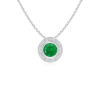 4mm AA Round Bezel-Set Emerald Pendant with Diamond Halo in White Gold