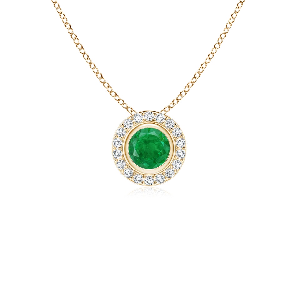 4mm AA Round Bezel-Set Emerald Pendant with Diamond Halo in Yellow Gold 