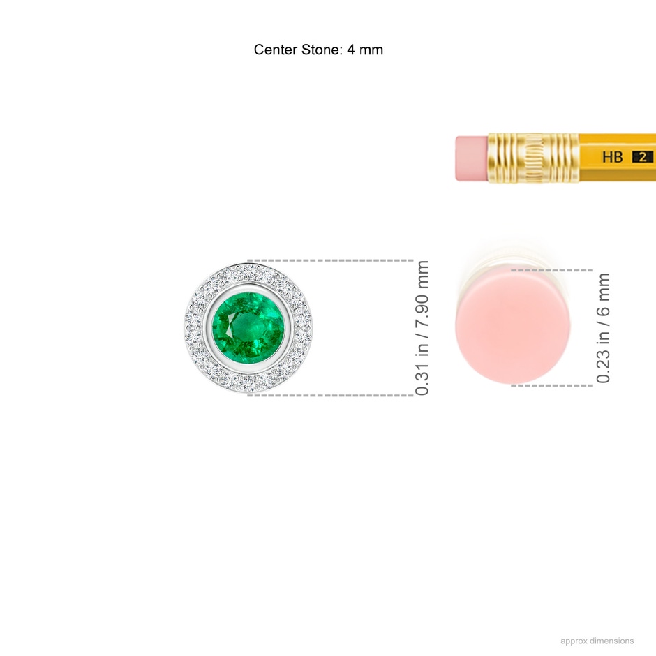 4mm AAA Round Bezel-Set Emerald Pendant with Diamond Halo in P950 Platinum ruler