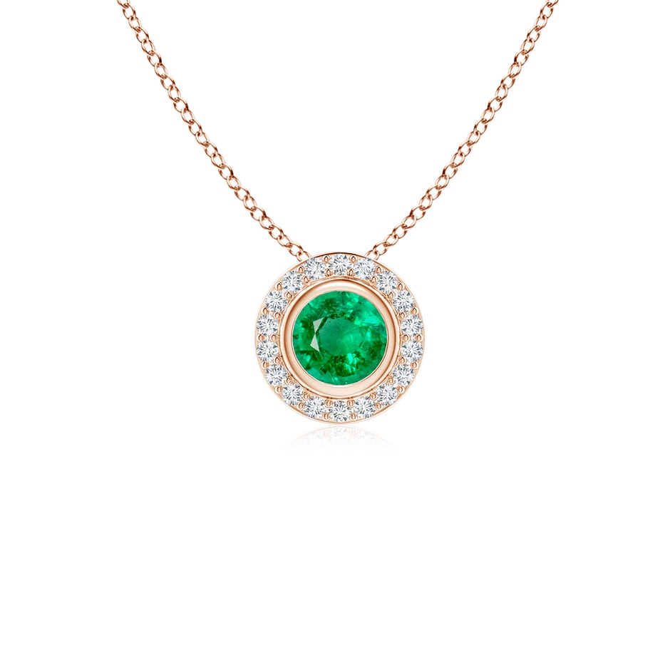 4mm AAA Round Bezel-Set Emerald Pendant with Diamond Halo in Rose Gold 